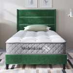 Upholstered Bed, 90x200cm Double with Slatted Frame & Headboard, Dark Green Velvet