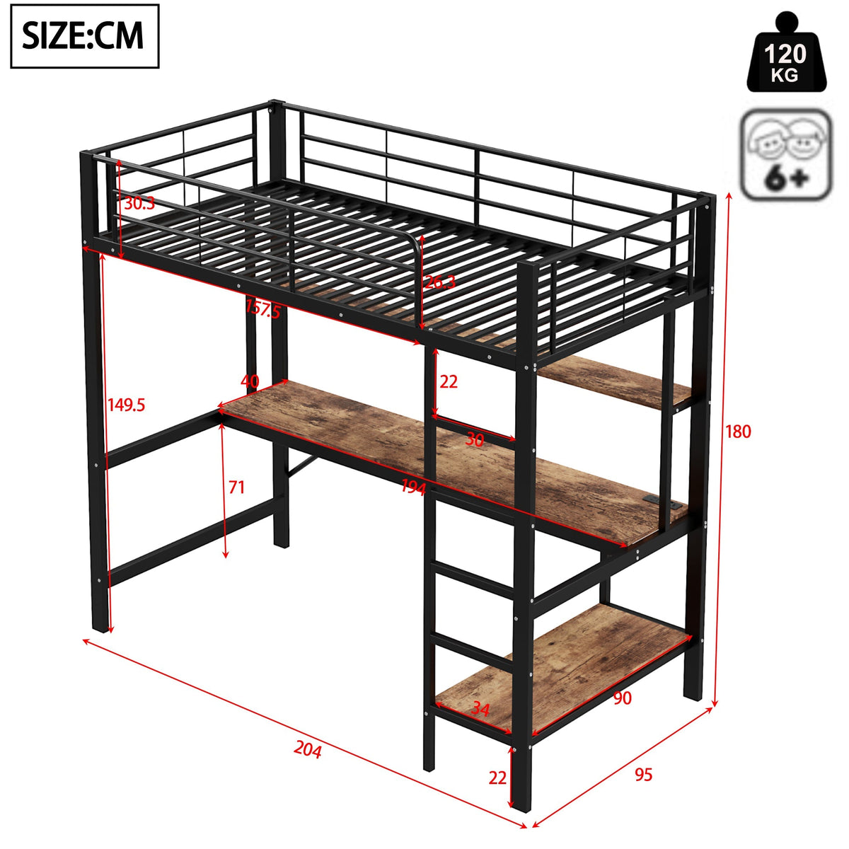 Loft Bed with Desk, LED Lights, USB and Power Outlet, Black Metal