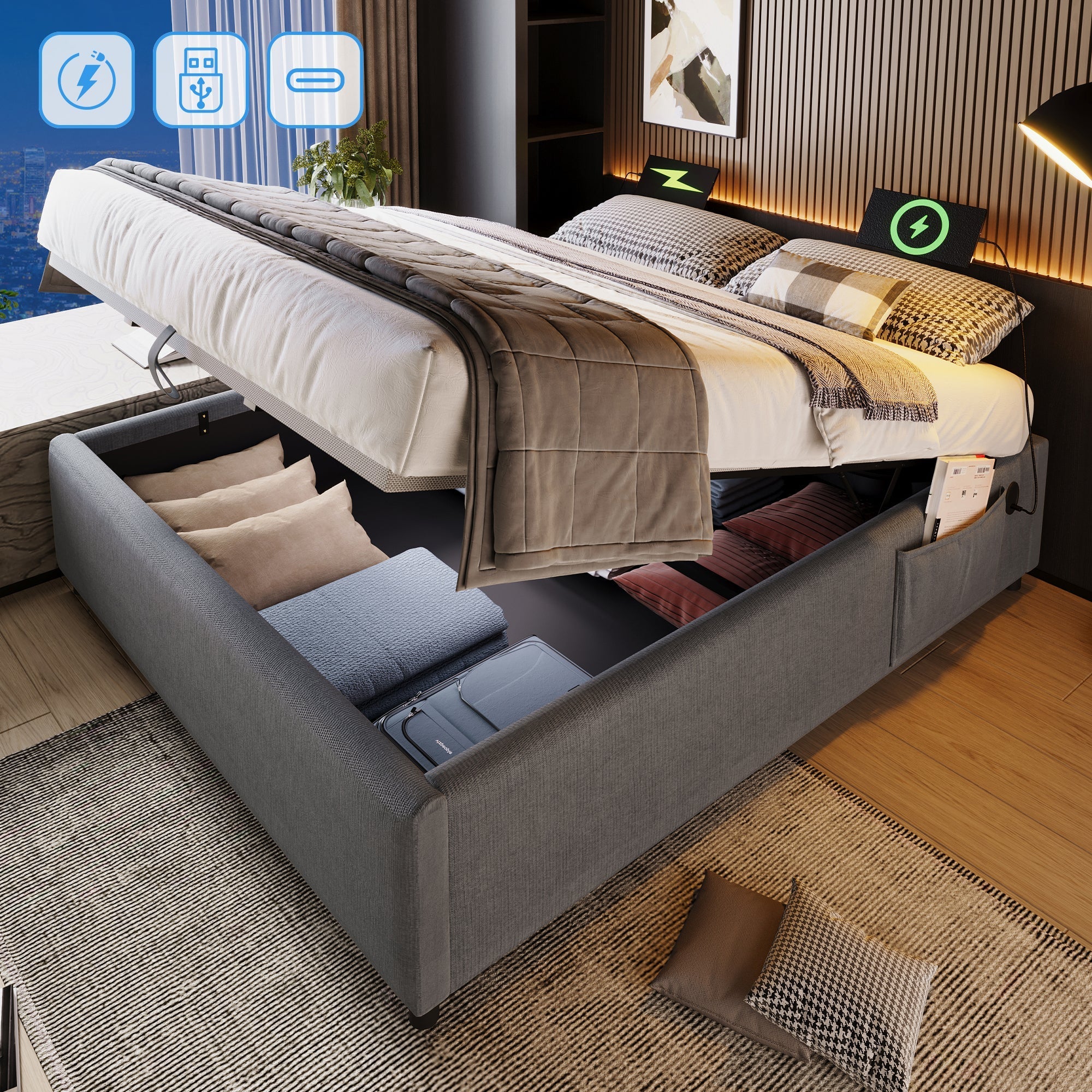 Upholstered Double Bed 140x200 cm, USB-C, Full Slatted Frame, Cotton Grey