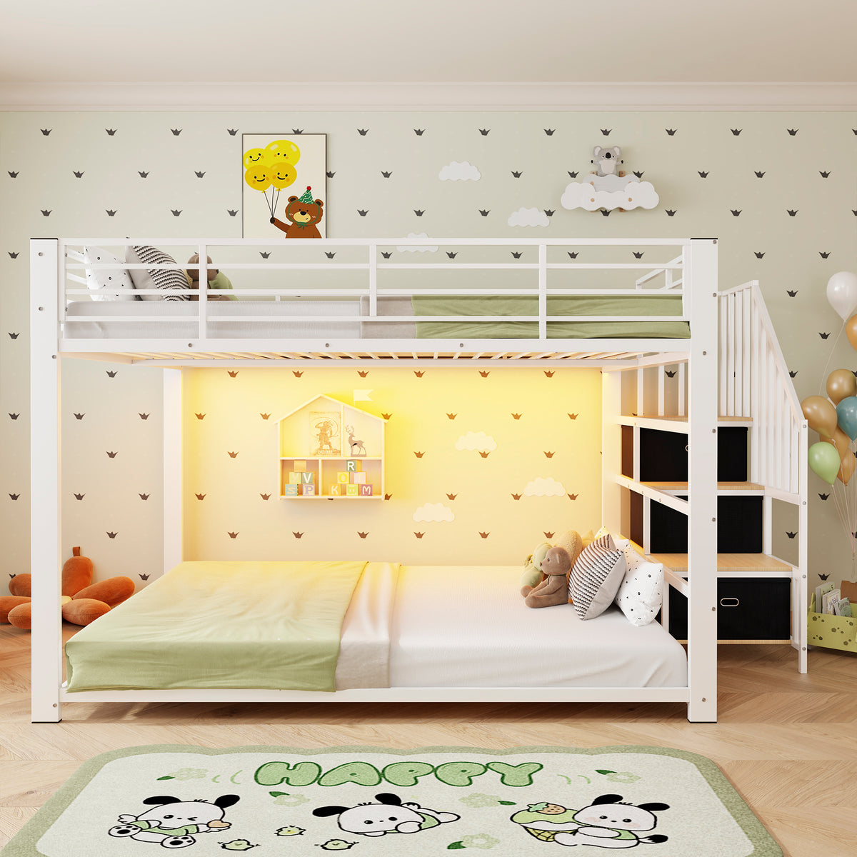 Bunk Bed 140x200 cm with Stairs, Storage & LED Light, White Metal