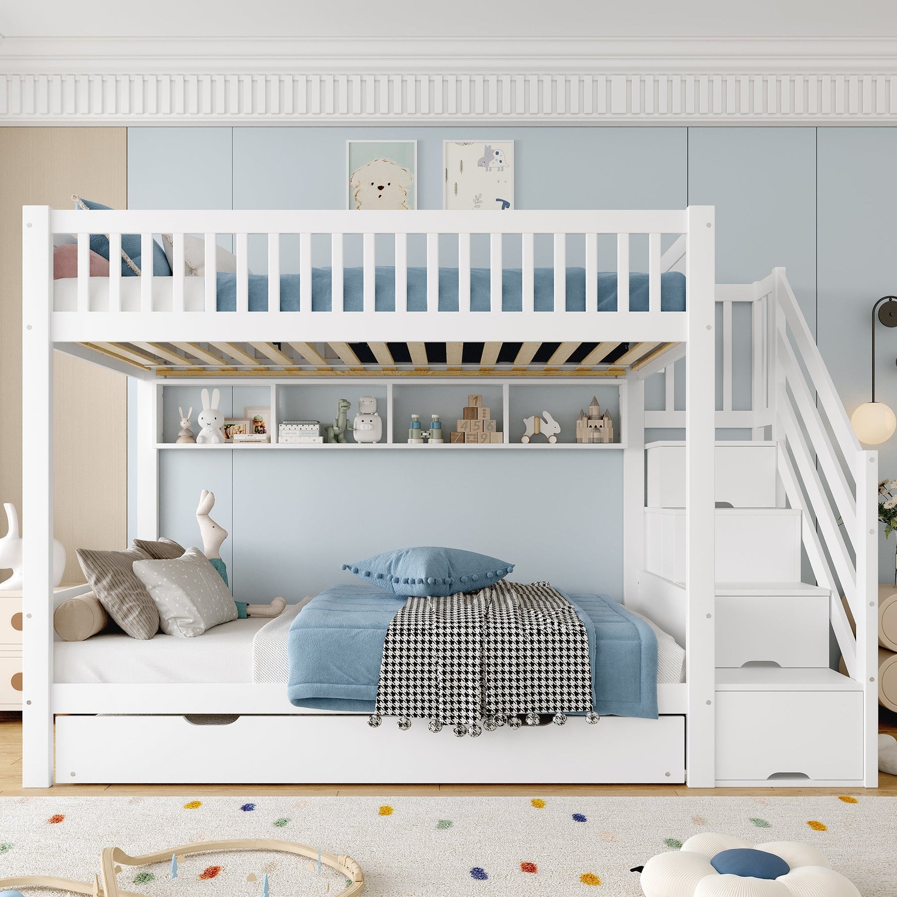 Bunk Bed 90x200cm Pull-out Bed with Shelf, Wardrobe & Storage - White