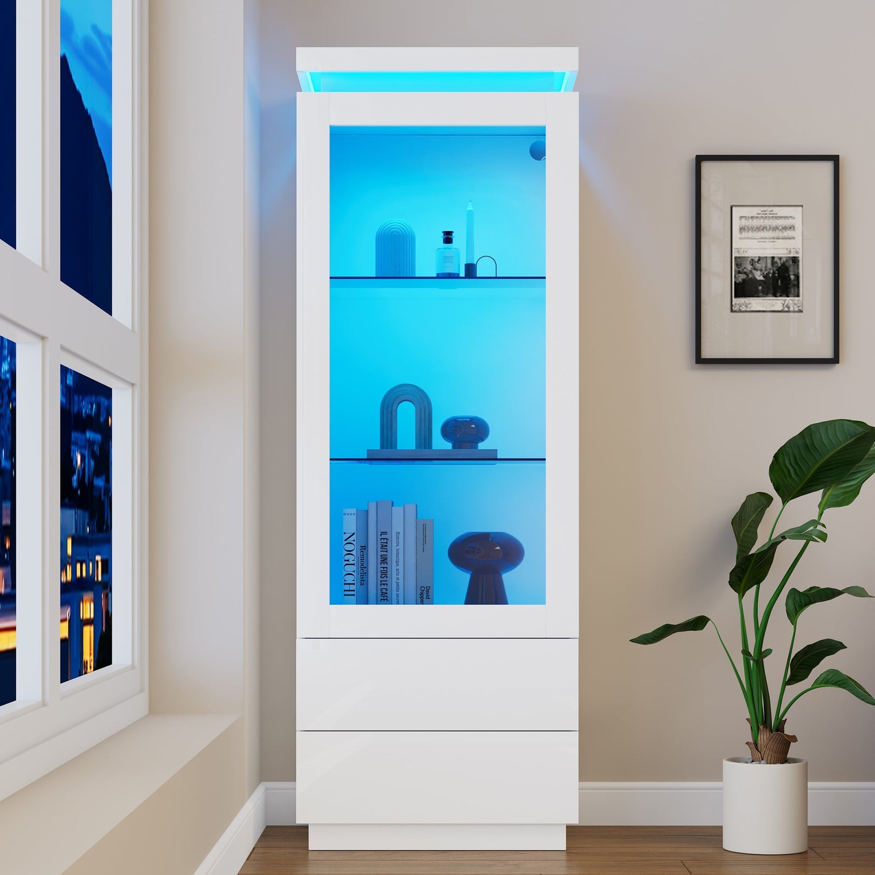 Display Cabinet 60x40x171cm Tall Glass LED 2 Drawers, High-Gloss White