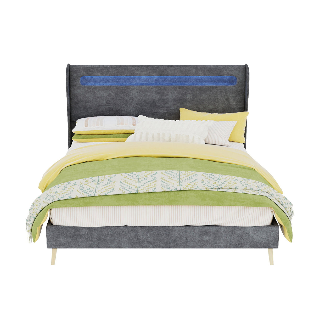 Modern Upholstered Bed 140x200cm with LED Headboard & Mattress, Grey
