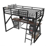 Loft Bed 90x200cm with Desk & LED Strip, Black Iron Frame