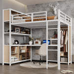 Iron Loft Bed, Double Storage, Wardrobe, White & Natural Iron
