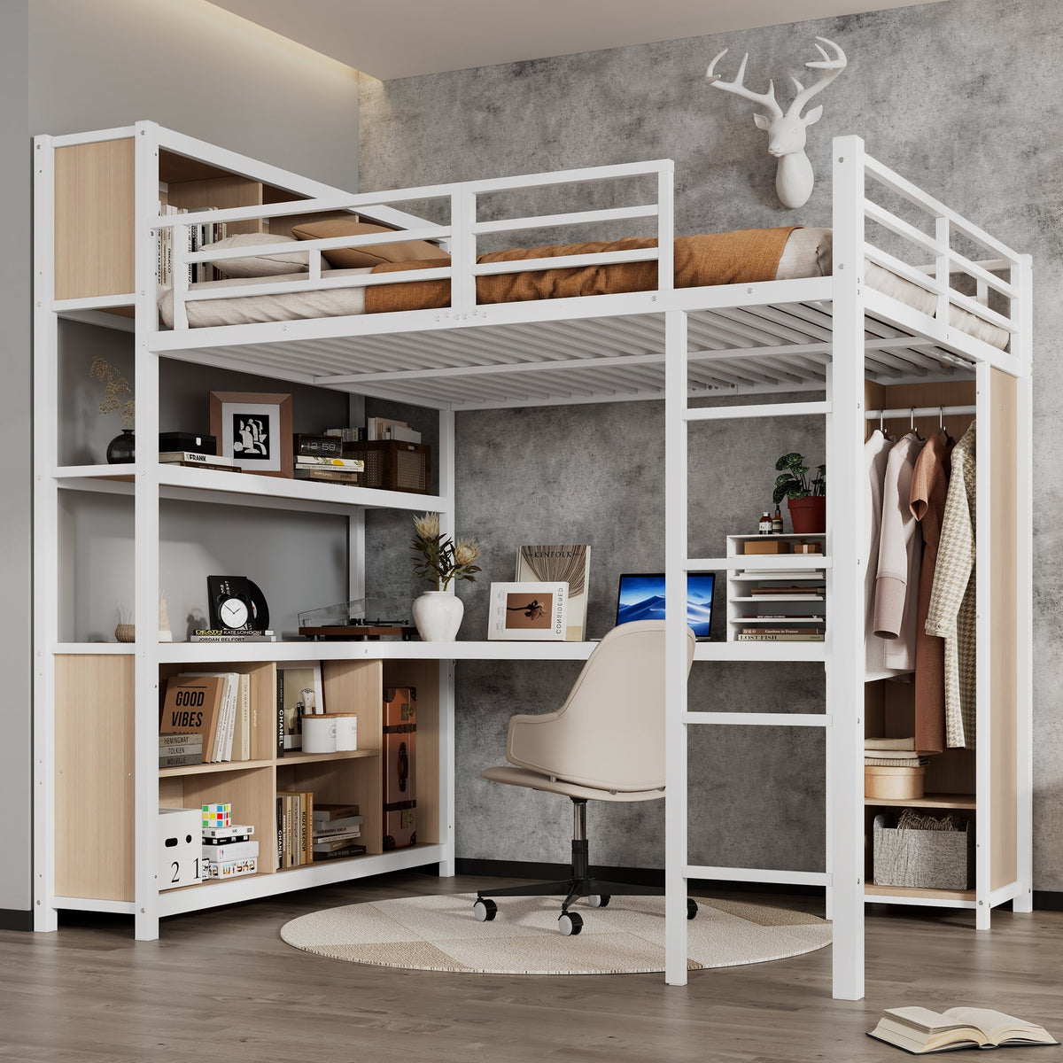 Iron Loft Bed, Double Storage, Wardrobe, White & Natural Iron