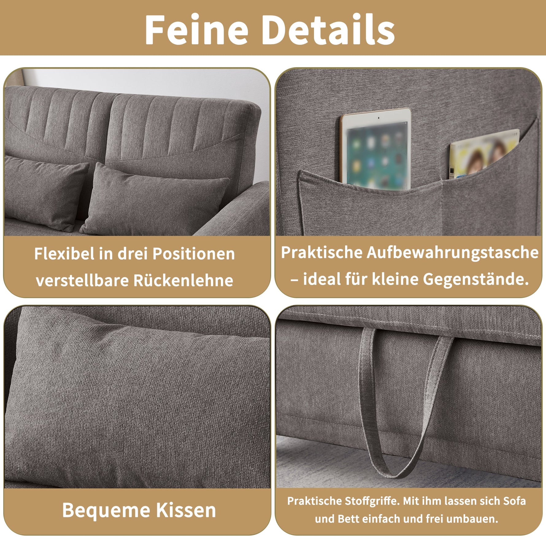 Two-Seater Sofa Bed with Adjustable Backrest and Pull-Out Design, Cotton-Linen Fabric