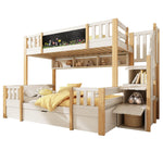 Bunk Bed for 3 Children with Storage Stairs and Chalkboard, White Natural Solid Wood