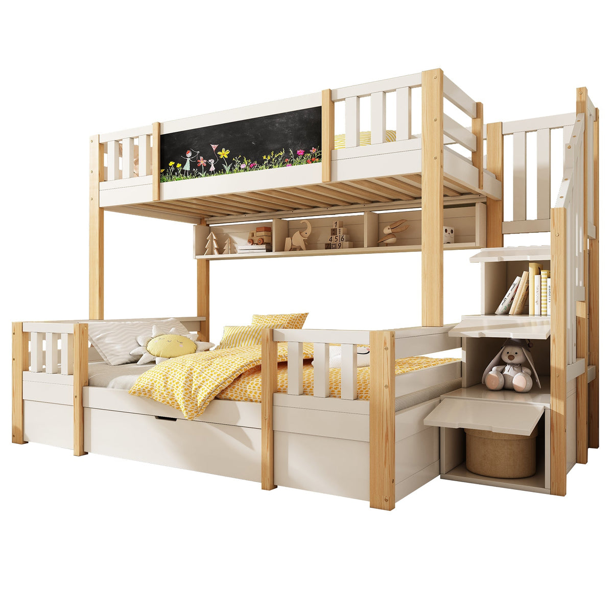 Bunk Bed for 3 Children with Storage Stairs and Chalkboard, White Natural Solid Wood
