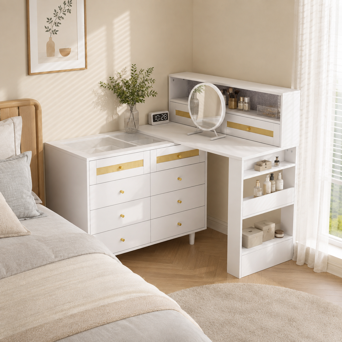 Dressing Table with Jewelry Cabinet & 10 Drawers, White