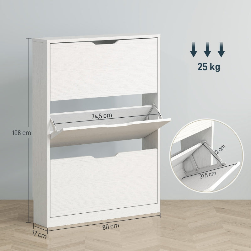 Shoe Cabinet with 3 Doors, Narrow, White