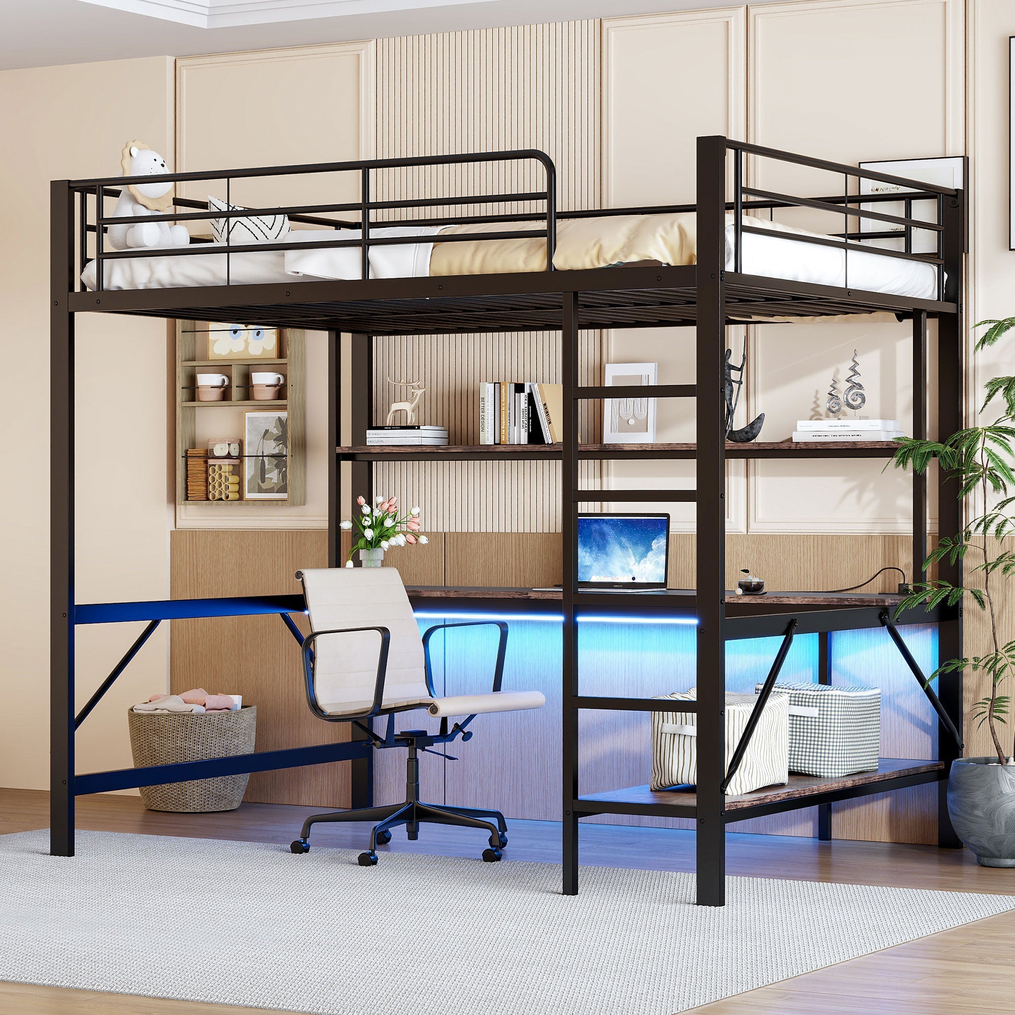 Loft Bed 140x200cm Desk LED USB/Power Outlet Shelf - Metal Black
