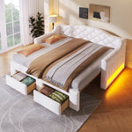 Upholstered Daybed with Two Drawers and LED Lighting, 90x200 to 180x200cm, White