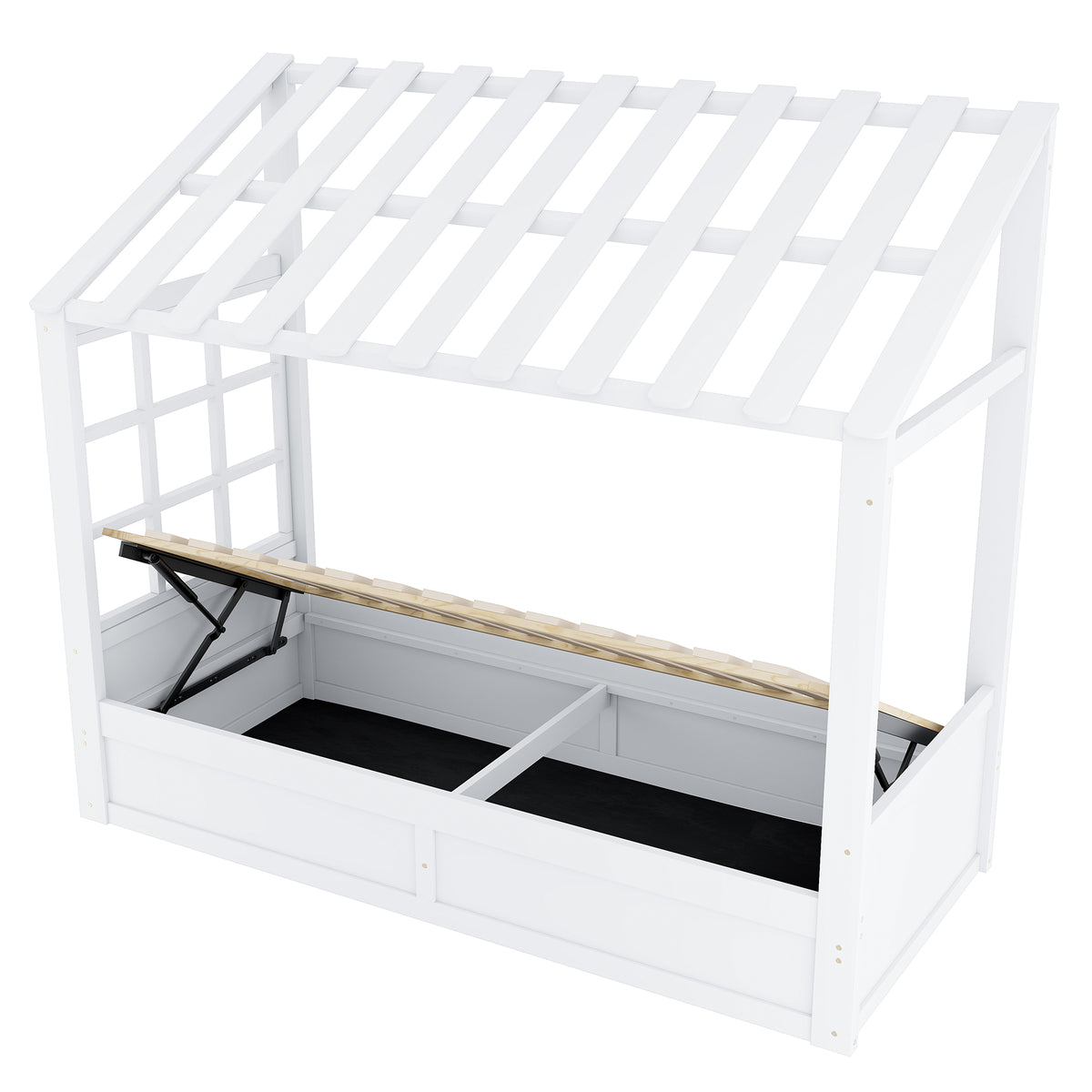 Country Style Children's Bed 90x200cm with Roof & Storage, White
