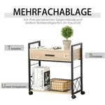 Side Table Serving Cart with Wheels, Drawer Storage, Natural Wood