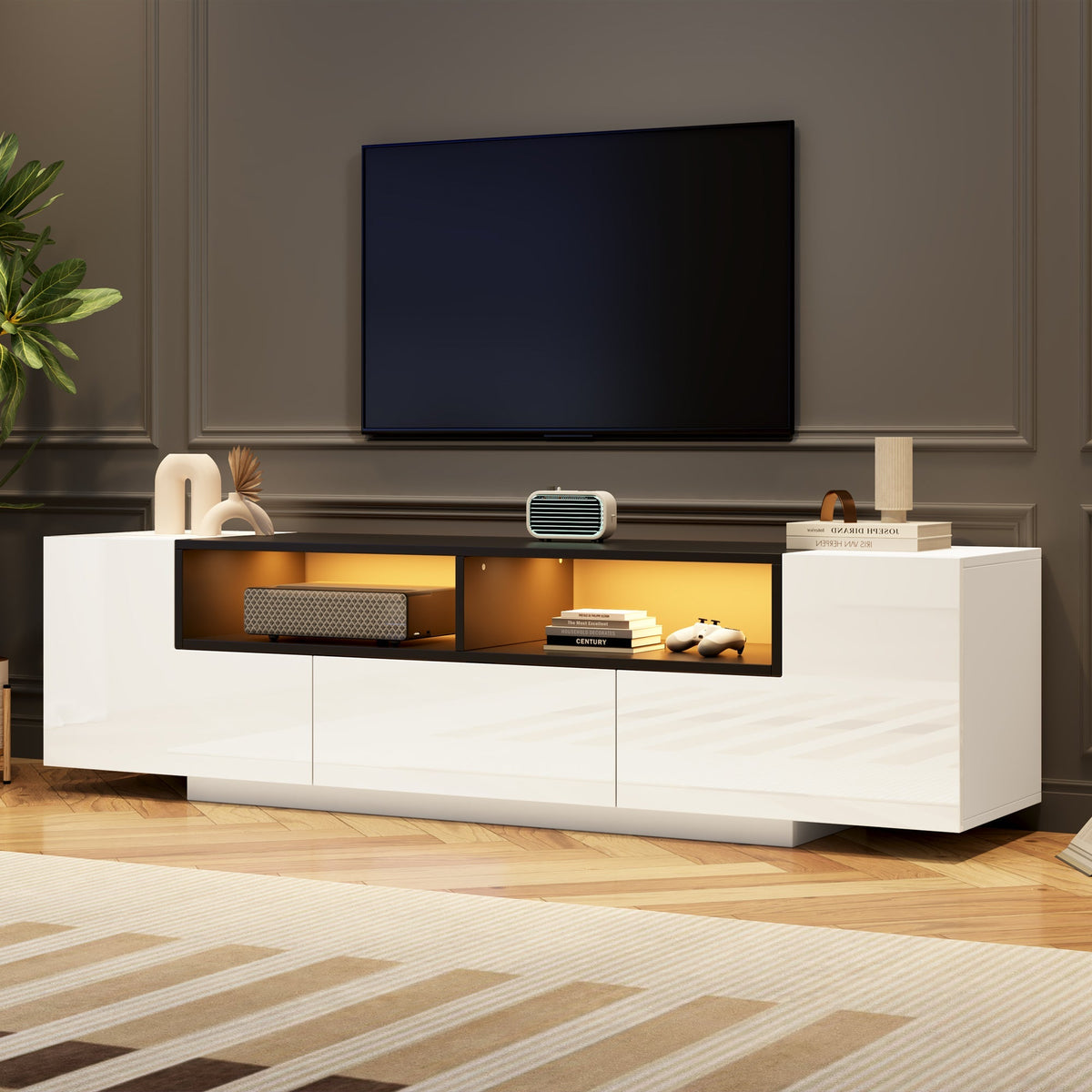 TV Stand Lowboard L-Shaped LED Light Drawers for 75-Inch TV, High Gloss White/Black