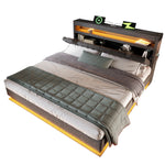 Upholstered Double Bed with Hydraulic Storage, LED Lighting and Charging Station, 140x190cm, Grey Linen