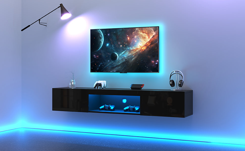 Wall-Mounted TV Stand with LED Lighting and High Gloss Finish for 70-Inch TVs, Black