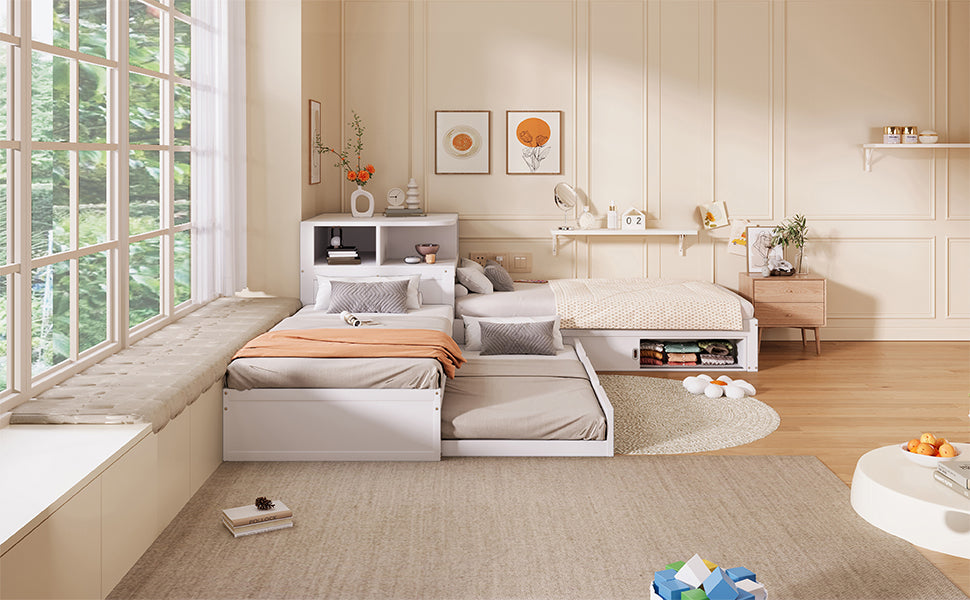 90x200 L-Shaped Platform Bed with Trundle & Storage, White