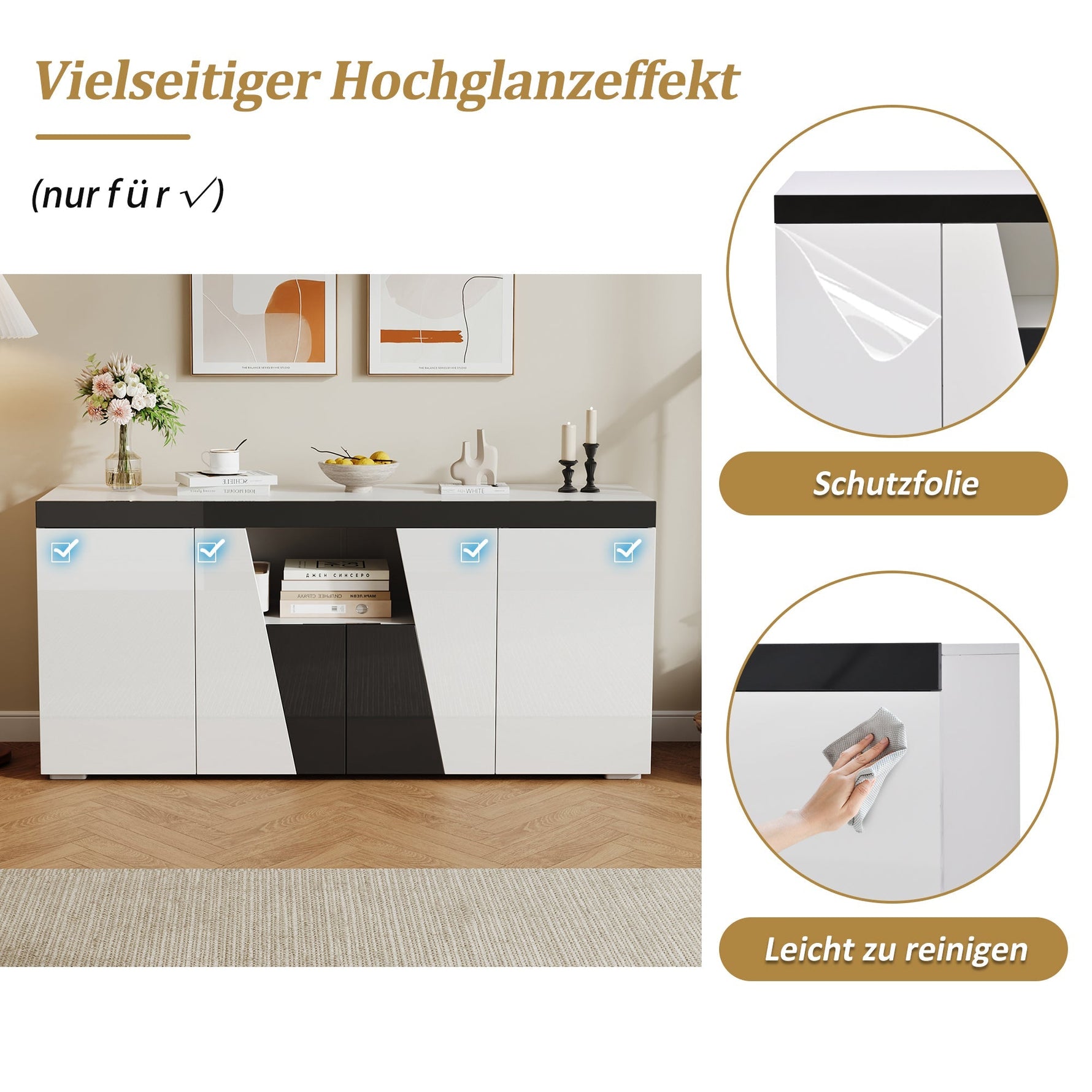 Living Room Sideboard 140x40x65cm Large Storage 4 Doors LED Light Strip Angled Design Black and White