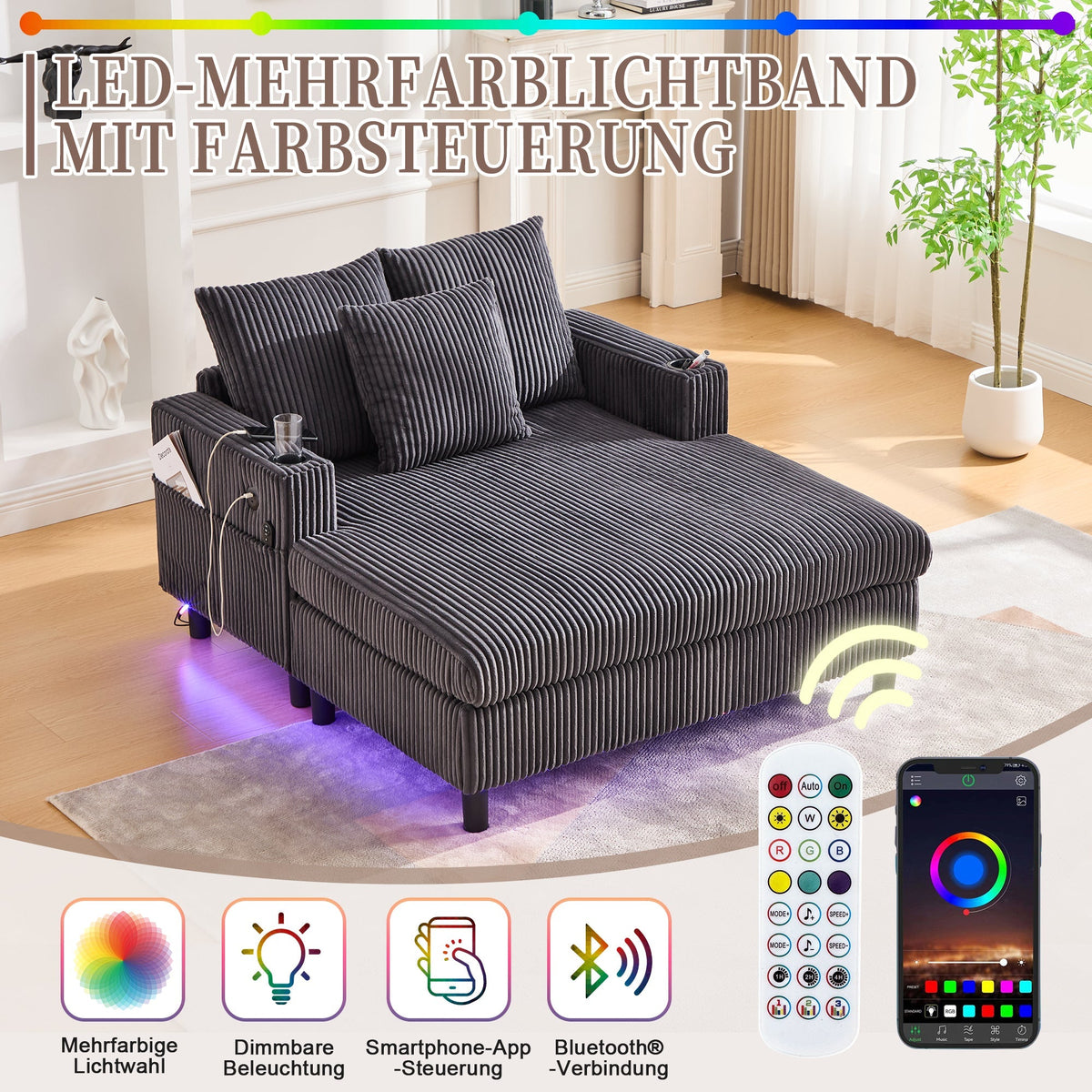Chaise Lounge Chair, Soft Spacious w/ Cup Holders USB LED Lighting