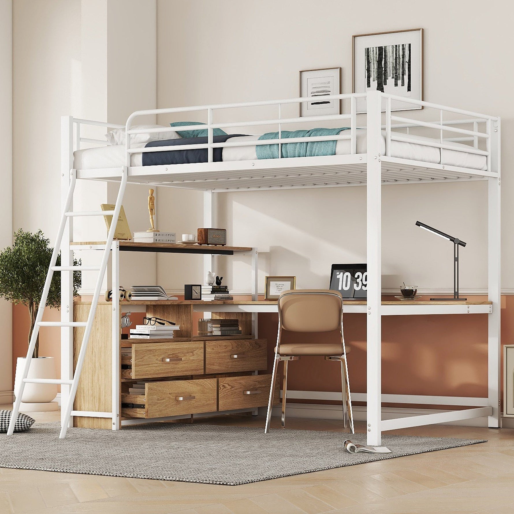 Loft Bed with L-Shaped Desk and Storage Drawers, White Metal Frame