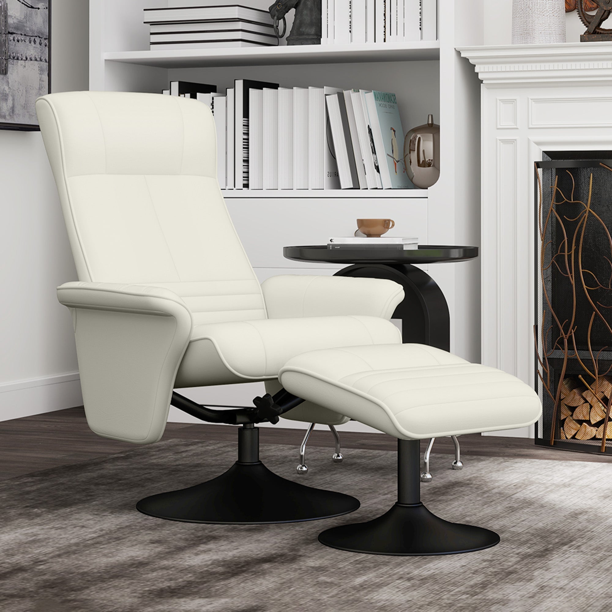 Reclining Armchair with Footstool, Swivel Lounge TV Chair, 150kg Capacity, Microfiber Fabric, Cream White