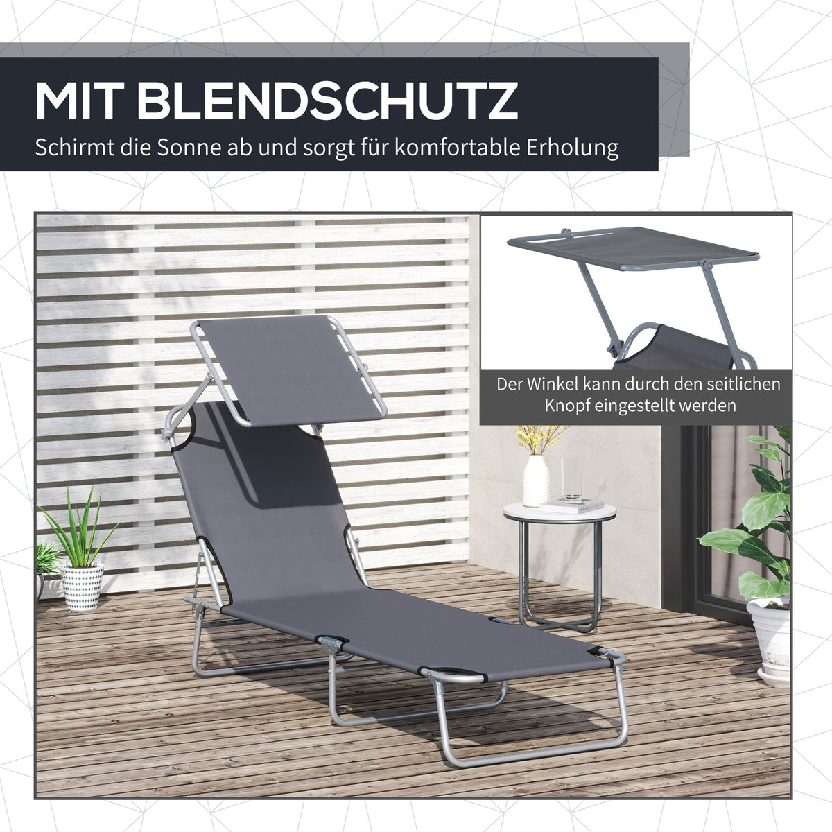 Folding Sun Lounger Deck Chair with Sunshade 187x58x36 cm, Grey