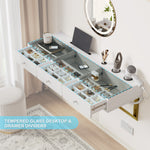 Wall-Mounted Vanity Table with 3 Drawers & Glass Top, White