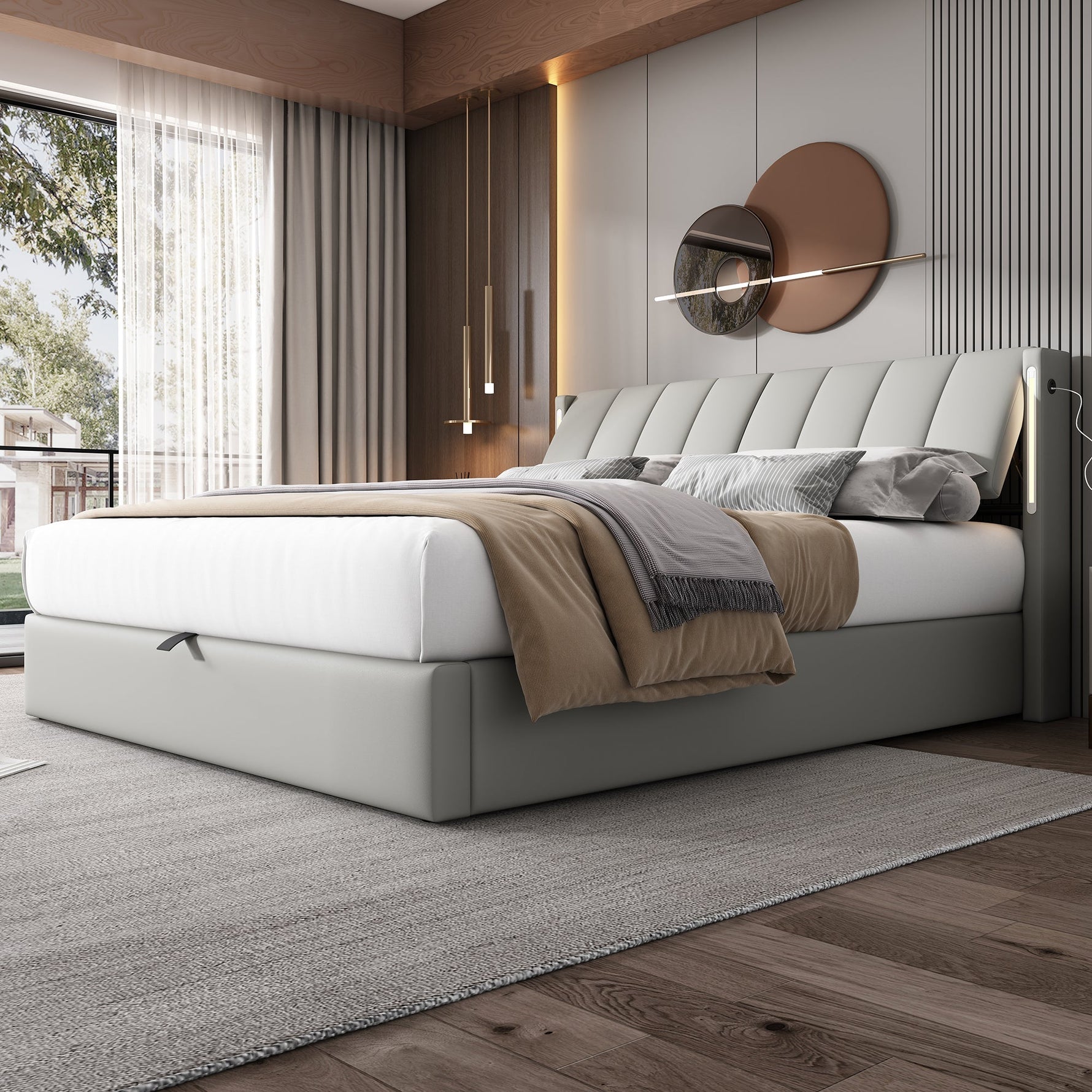Upholstered Bed 160x200cm Hydraulic Storage LED USB Adjustable Headboard - Grey PU