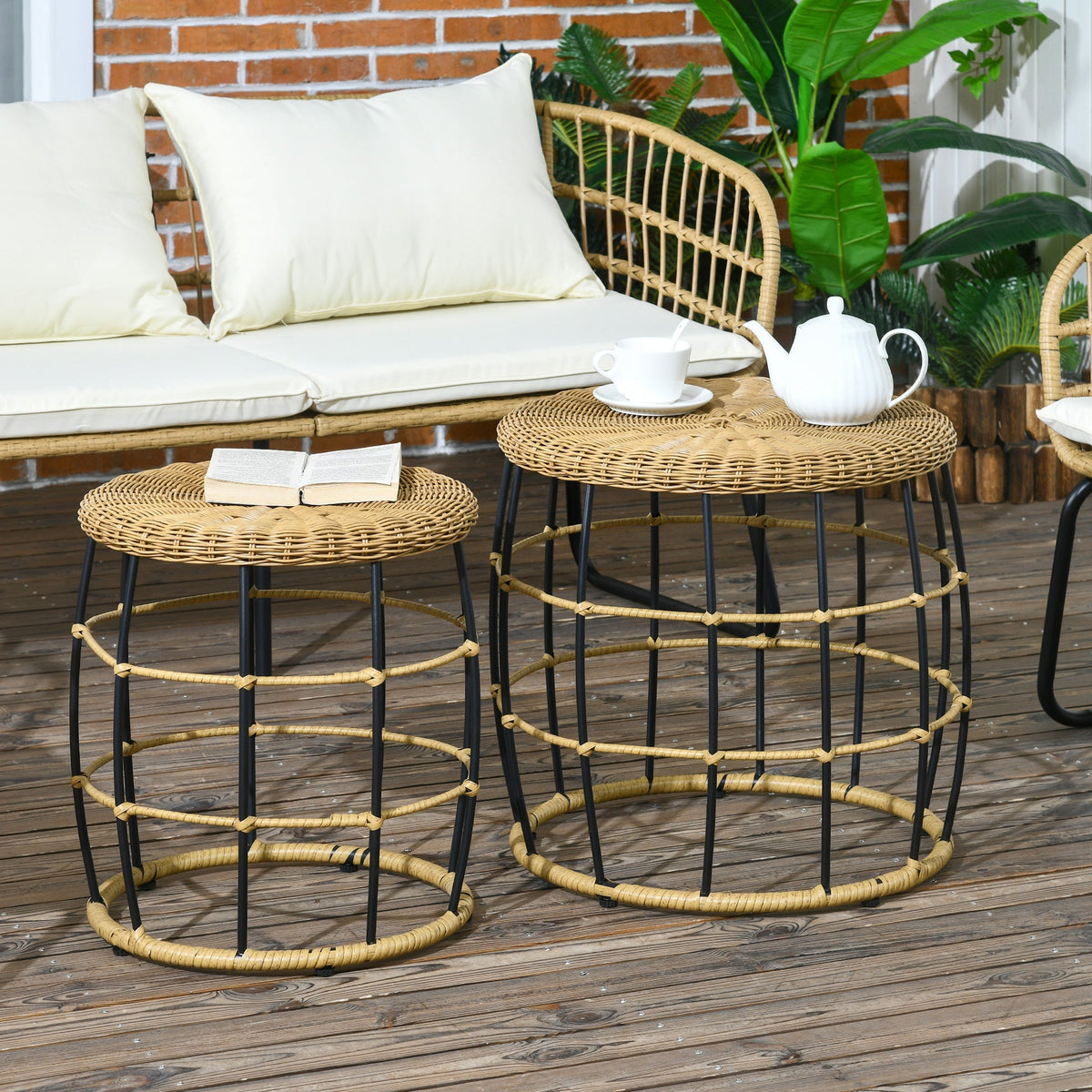 Rattan Side Table Set of 2 Stackable Coffee Table, Khaki