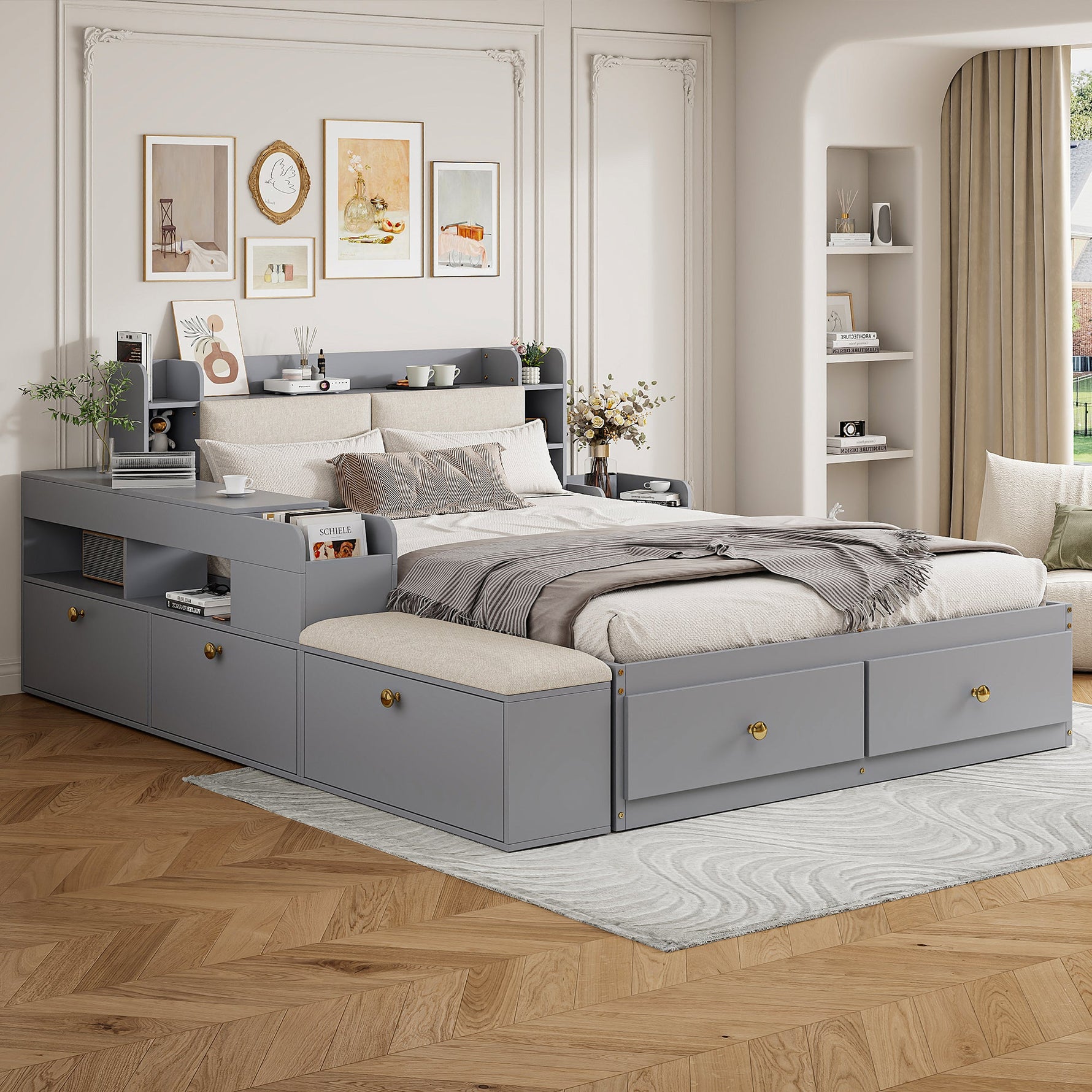 Solid wood combination bed 140*200cm, Storage Headboard, Drawers, Sofa Bench, grey