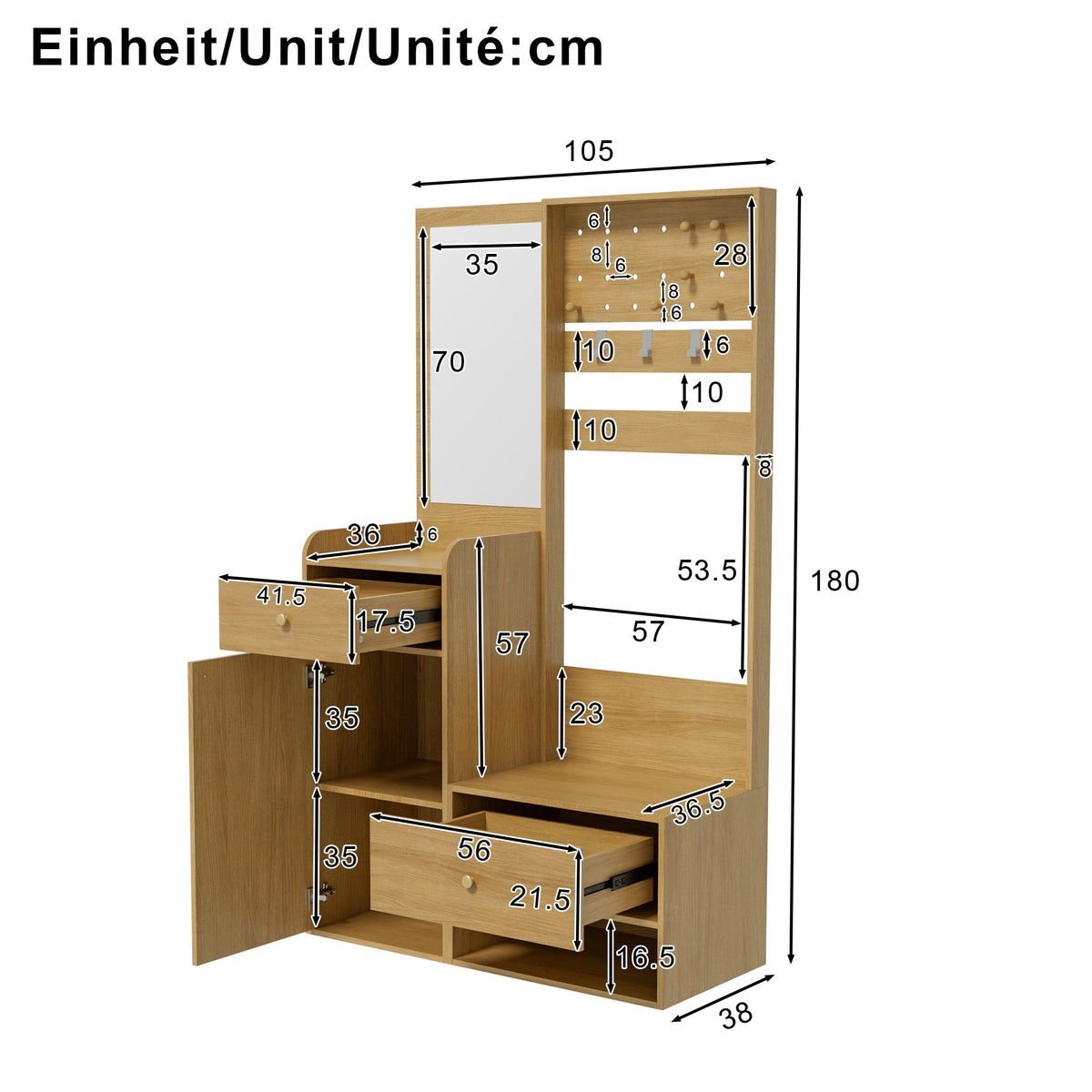 Compact Wardrobe, Entryway Shelf with Mirror, Adjustable Hooks, Wood-Coloured