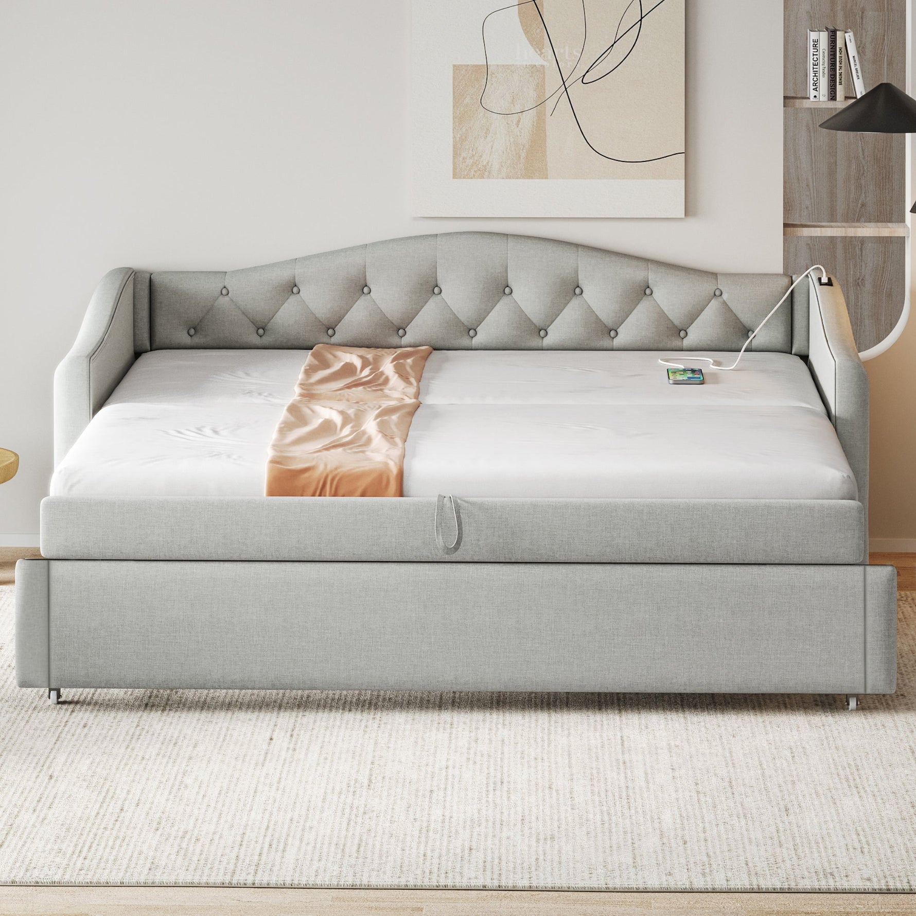 Upholstered Bed Pull-out Sofa Bed, 90 x 200 cm, USB Port, Linen Fabric, Grey