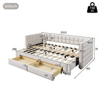 Daybed with Extendable Frame and 2 Storage Drawers, Beige Samt and MDF