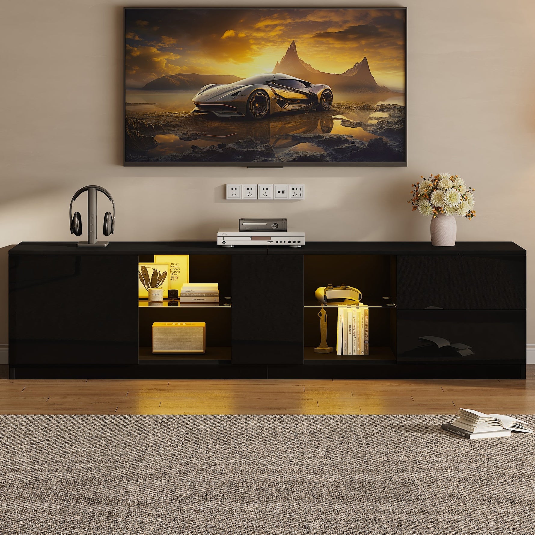 Lowboard TV Stand High-Gloss with LED Lighting 160cm for 65" TV Black