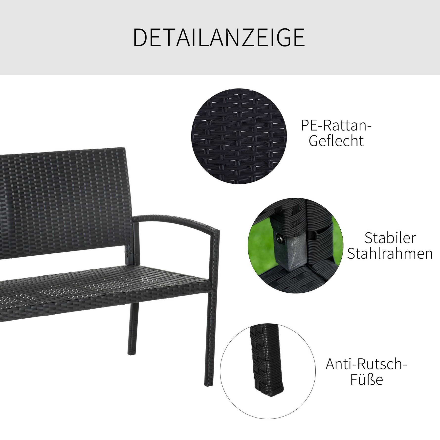 Polyrattan Garden Bench 2-Seater Park Bench Steel Frame Wicker, Black