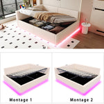 Upholstered Bed 140x200cm with LED, USB, L-Shaped Backrest and Hydraulic Frame, Beige Velvet