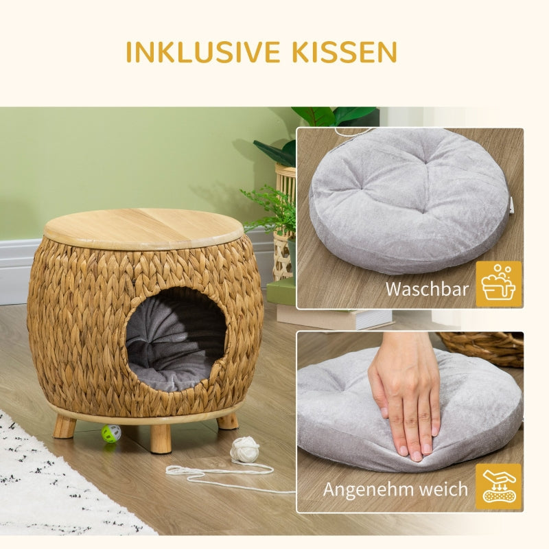 Cat Cave, Water Hyacinth Grass with Washable Cushion, Light Brown + Natural Wood + Grey