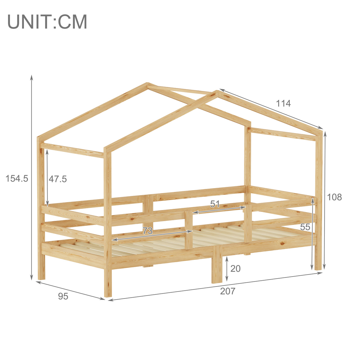 Children's House Bed 90x200cm Roof Design, Natural Solid Pine