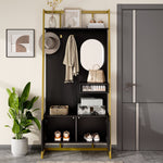 Modern Minimalist Wardrobe Compact Multifunctional Storage with Mirror & Shoe Bench, Metal Hooks