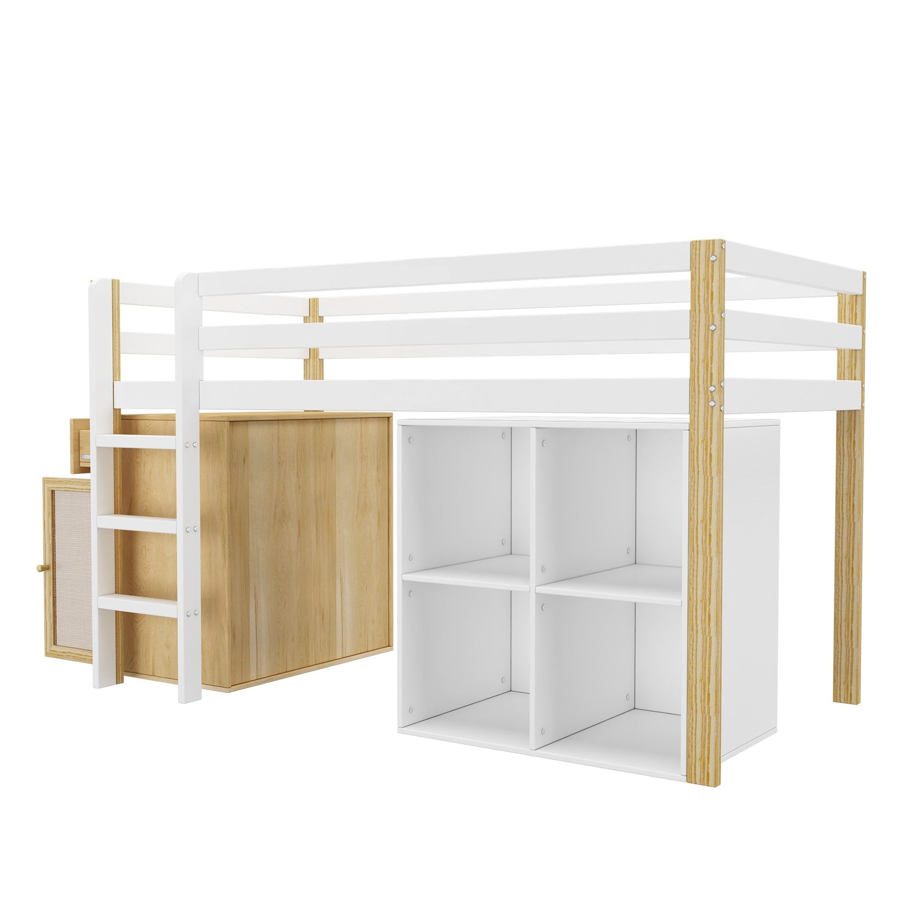 Children's Loft Bed with 2 Storage Cabinets and Ladder, 90x200cm, Natural and White