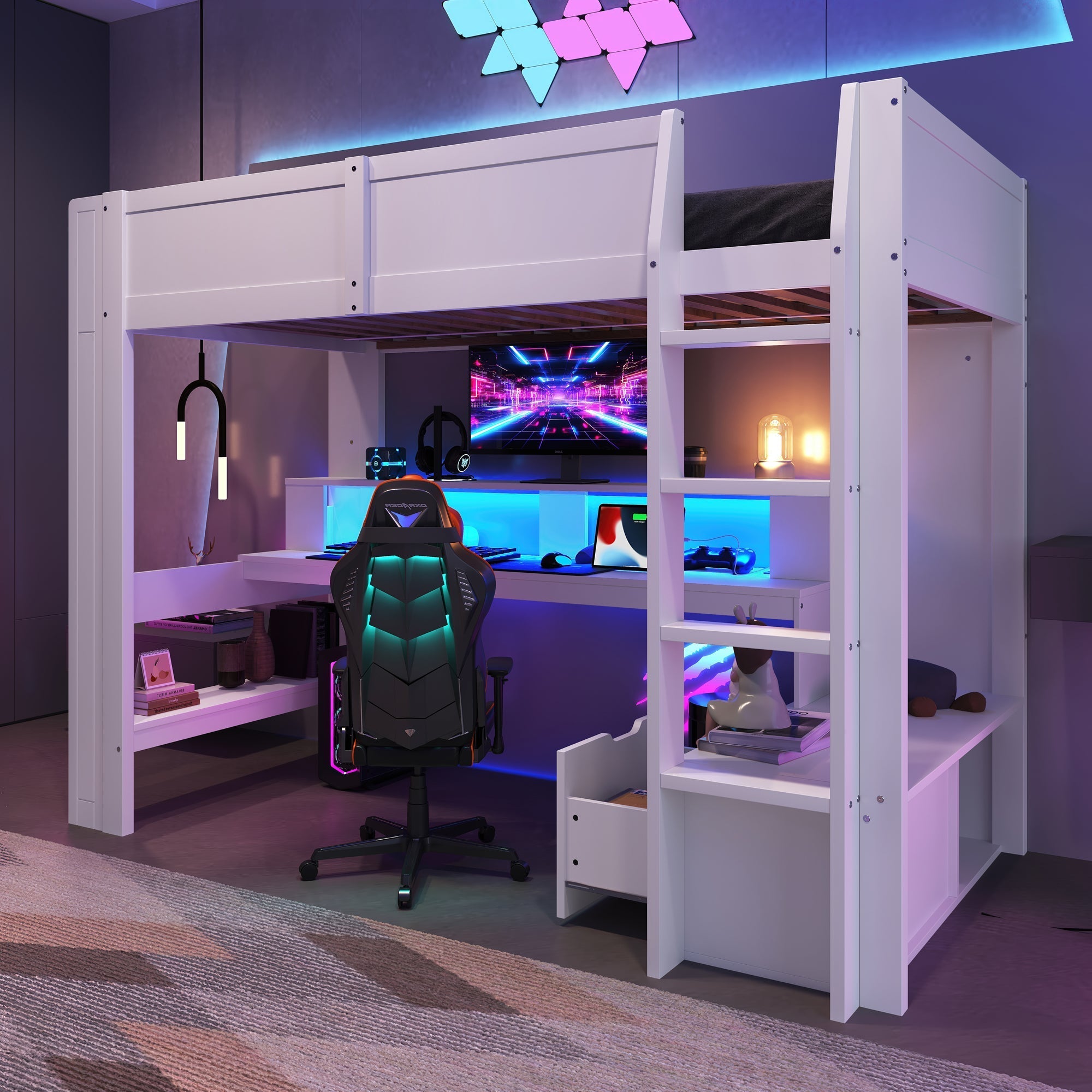Loft Bed with Gaming Desk, LED Lights and Storage Shelves, White