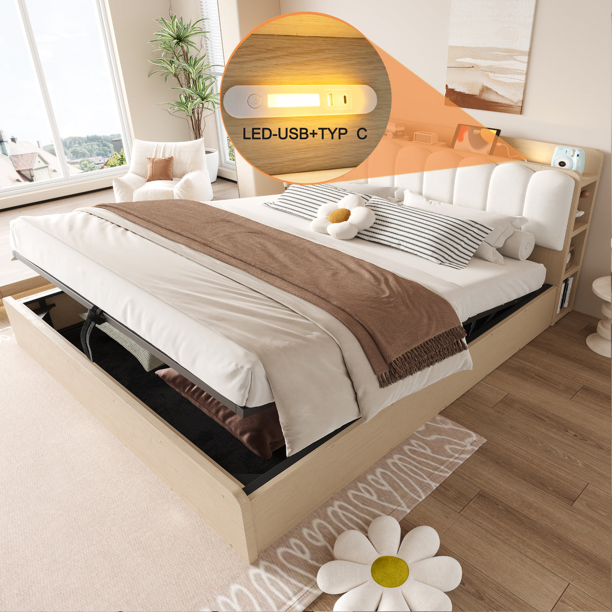 Wooden Flatbed 180x200 with Hydraulic Storage & USB, Wood