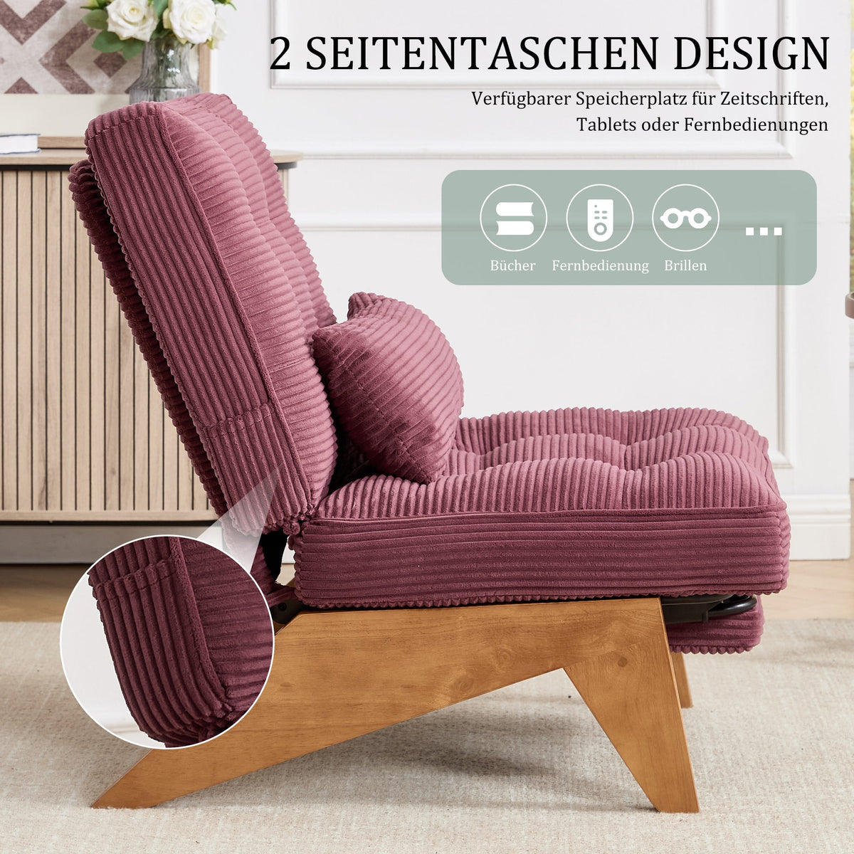 Modern Adjustable Backless Lounge Chair with Footrest, Lumbar Cushion, Wooden Legs - Fabric