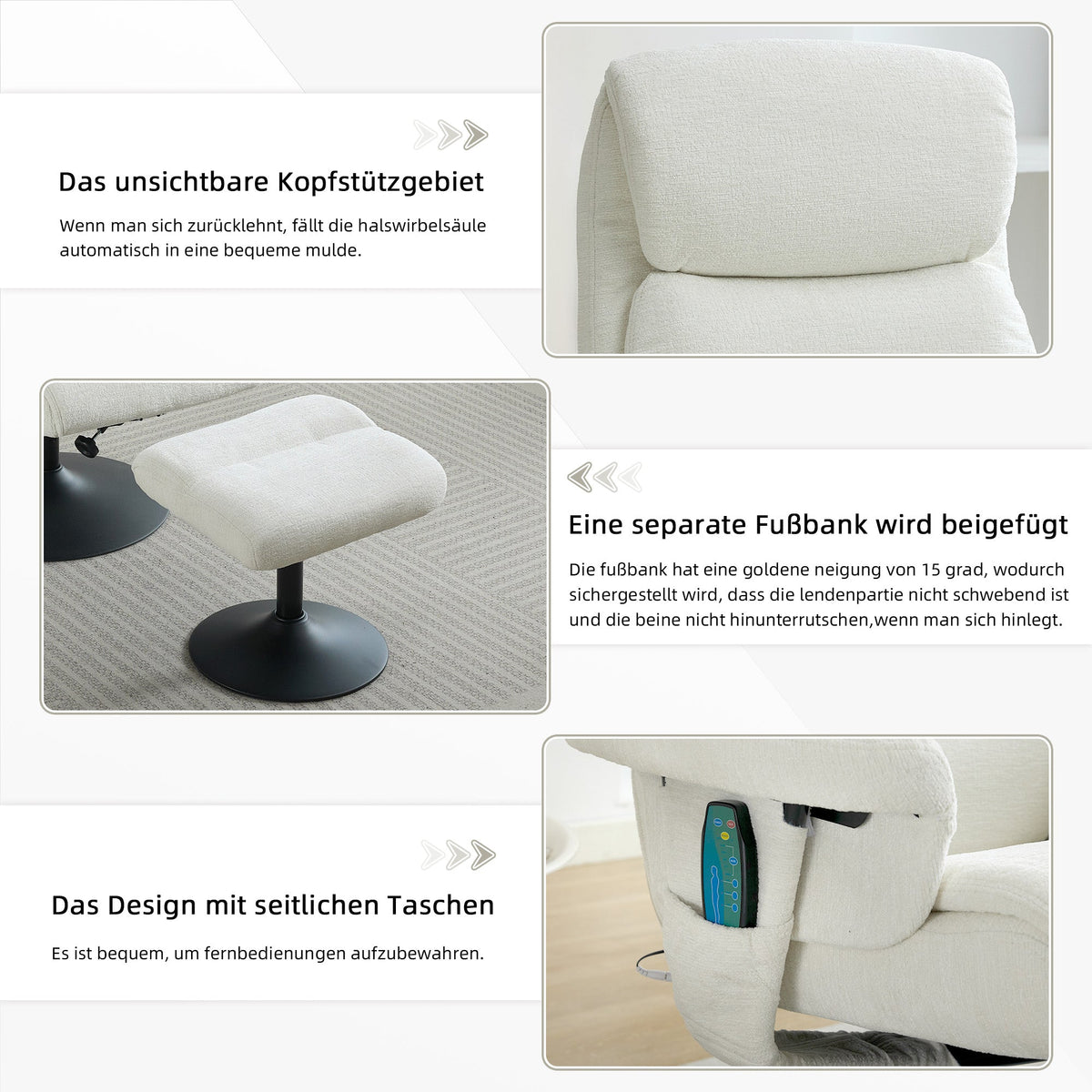 023 Recliner Chair, 5-Point Massage, Electric Heat, Footstool, 360° Swivel, Chenille Fabric White