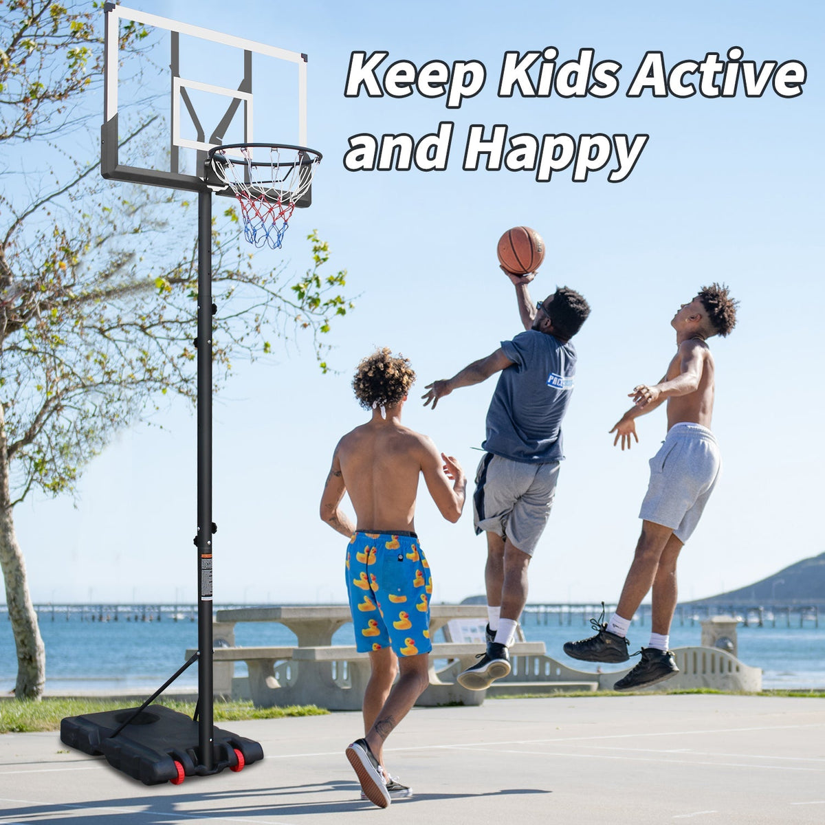 Outdoor Basketball Hoop with Height Adjustment and Rust-Proof Coating, White Silk-Screen Design