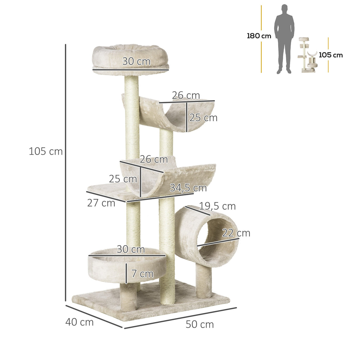 Cat Scratching Post, Climbing Tree with Toys & Tunnel, Beige