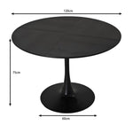 Modern Round Dining Table, Patchwork Black Wood Grain Top, Metal Base