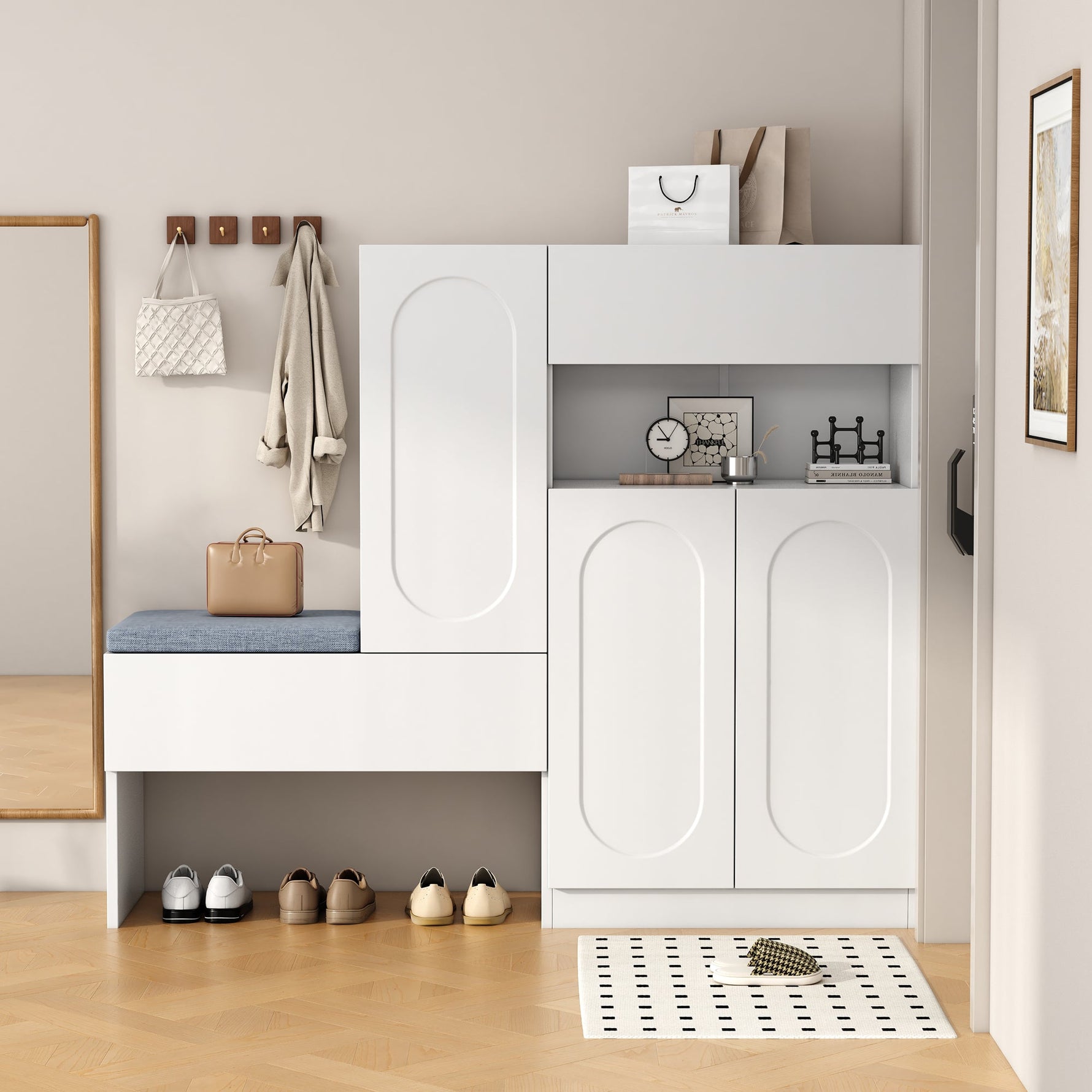 Trendy 2-in-1 Shoe Cabinet with Curved Doors, Soft-Close, Adjustable Compartments, Upholstered Bench, White